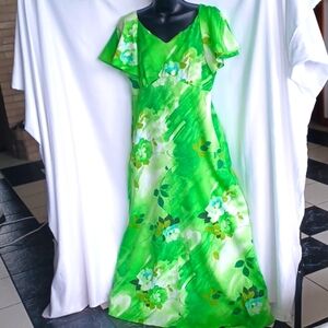 Vintage Pomare Tahiti Maxi Floral dress, Flutter Sleeve,18" PTP, 17" Waist 52" L